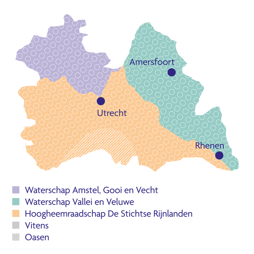 Kaart van Utrecht met daarop de gebieden van de waterschappen Amstel, Gooi en Vecht, Vallei en Veluwe, hoogheemraadschap De Stichtse Rijnlanden, waterbedrijven Vitens en Oasen