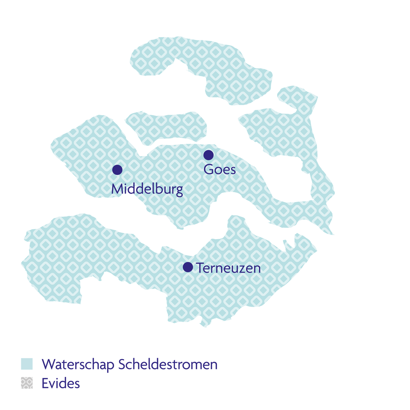 Kaart van Zeeland met daarop de gebieden van waterschap Scheldestromen en waterbedrijf Evides