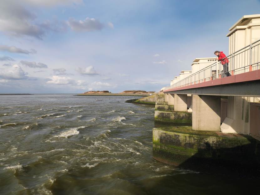 Een man kijkt vanaf een pier naar het water