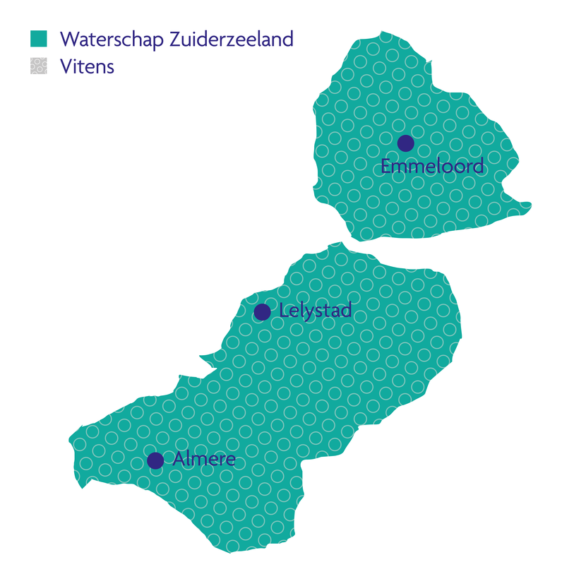 Kaart van Flevoland waarop de gebieden van waterschap Zuiderzeeland en waterbedrijf Vitens zijn aangegeven