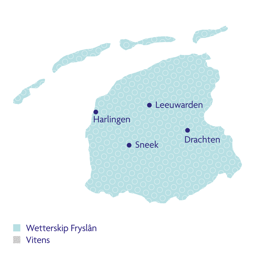 Kaart van Friesland waarop het gebied van Wetterskip Fryslân en waterbedrijf Vitens zijn aangegeven