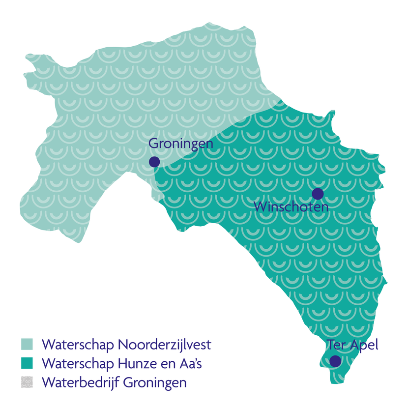 Kaart van Groningen waarop de waterschappen Noorderzijlvest en Hunze en Aa's en het waterbedrijf Groningen zijn aangegeven