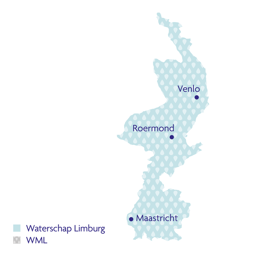 Kaart van Limburg waarop het gebied van waterschap Limburg en waterbedrijf WML zijn aangegeven.