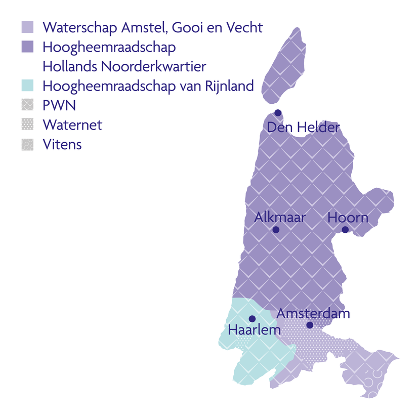 Kaart van Noord-Holland waarop de gebieden van waterschap Amstel, Gooi en Vecht, hoogheemraadschap Hollands Noorderkwartier, hoogheemraadschap van Rijnland, en waterbedrijven PWN, Vitens en Waternet zijn aangegeven.