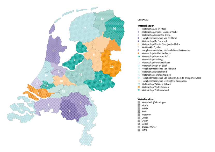 Kaart van Nederland waarop waterschappen, hoogheemraadschappen en waterbedrijven zijn aangegeven