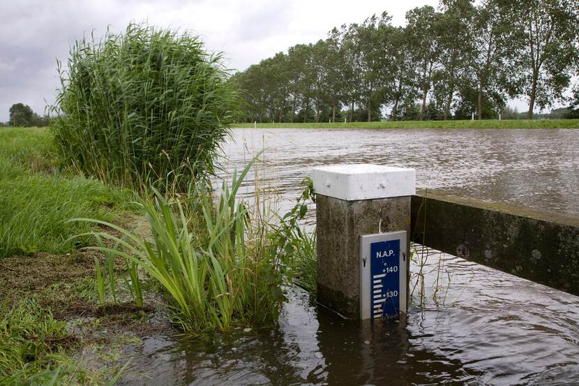 Een peilmeter in een rivier. Aan de peilmeter is te zien dat het water erg hoog staat.