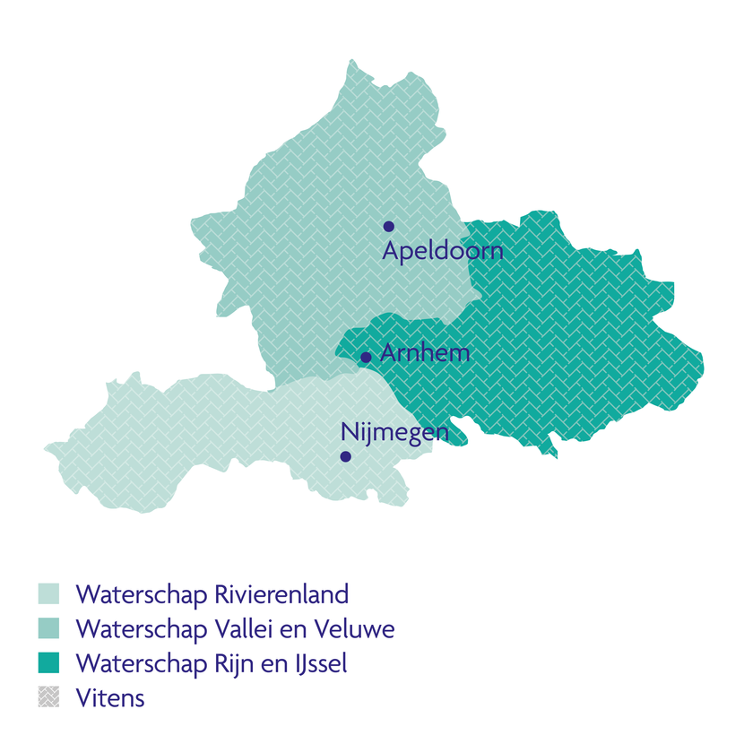 Kaart van Gelderland waarop de gebieden van de waterschappen Rivierenland, Vallei en Veluwe, Rijn en IJssel en waterbedrijf Vitens zijn aangegeven.