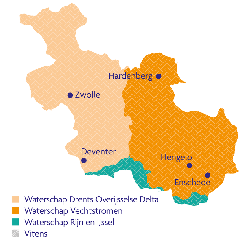 Kaart van Overijssel waarop de gebieden van de waterschappen Drents Overijsselse Delta, Rijn en IJssel, en Vechtstromen en waterbedrijf Vitens zijn aangegeven