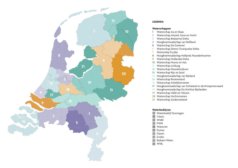 Kaart van Nederland met alle waterschappen en waterbedrijven