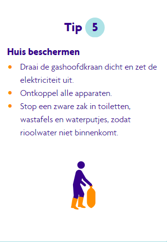 Tip 5 bij blijven: Bescherm je huis. Draai de gashoofdkraan dicht, ontkoppel alle apparaten, stop een zware zak in toiletten, wastafels en waterputjes, zodat het riool niet naar binnenkomt.