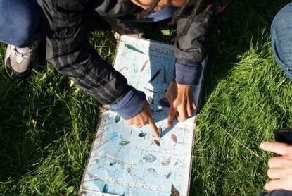 kinderen wijzen naar kaart met waterdiertjes